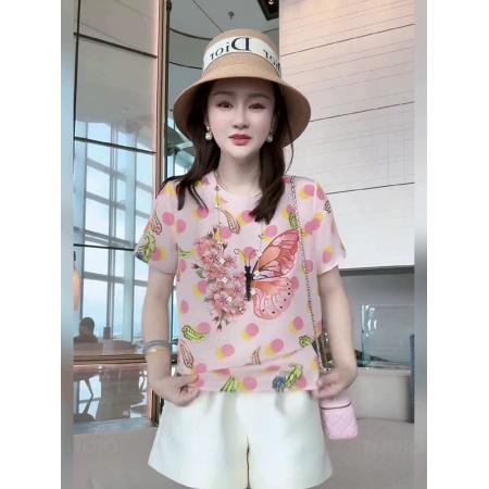PF3778#夏季设计款国风蝴蝶印花圆领碎花宽松T恤粉色高级感炸街上衣
