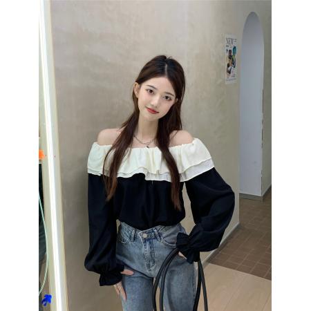 PF3790#一字肩上衣女设计感荷叶边气质法式超仙甜辣露肩雪纺衫女