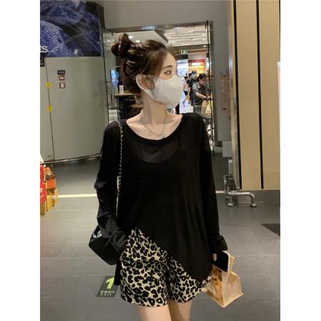 PF3791#新款不规则开叉防晒衫长袖薄款T恤女黑色设计感韩版宽松上衣