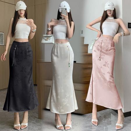 PF3807#新中式醋酸缎面提花半身裙2024款复古国风流苏高腰显瘦鱼尾裙