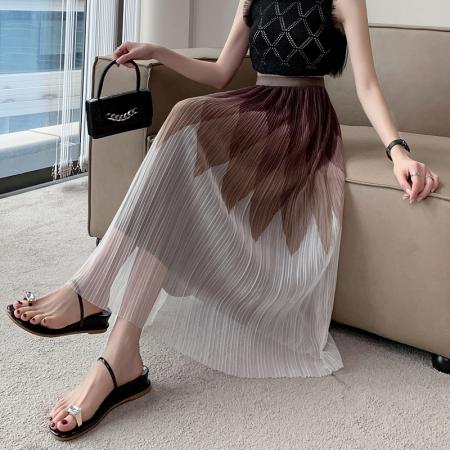 PF3809#新款渐变网纱半身裙女春夏季小个子裙子百褶裙长裙半裙A字裙