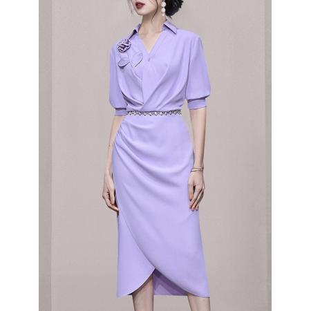 PF3810#夏季女装 新款气质浅紫色修身收腰显瘦衬衫连衣裙长裙包臀裙子
