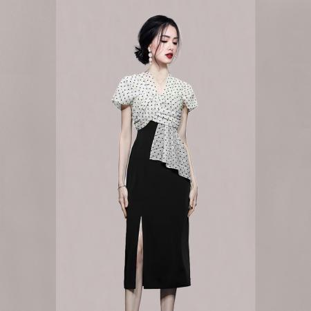 PF3811#夏新款韩版时尚拼接不规则设计感气质修身中长通勤职业包臀裙