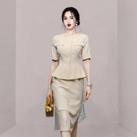 PF3830#夏季新款时尚斜门襟工装风口袋上衣+ 薄纱开叉半裙套装