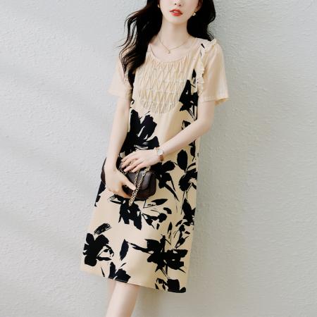 PF3860#轻熟风胖MM2024夏季新款法式印花洋气时尚设计拼接宽松显瘦连衣裙