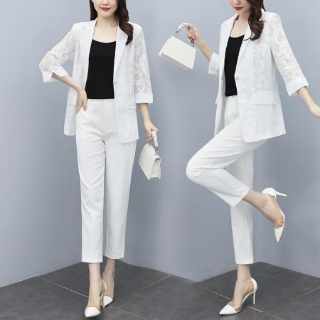 PF3868#大码西装上衣女2024夏季新款胖妹妹气质洋气蕾丝七分袖西服外套