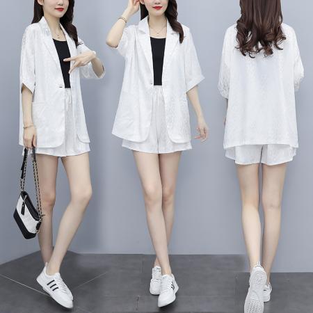 PF3872#时尚西服套装女2024夏季新款胖mm宽松洋气大码短袖短裤西装两件套