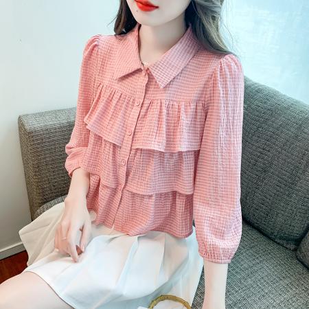 PF3876#新款七分袖洋气小衫设计感小众法式荷叶边衬衫女