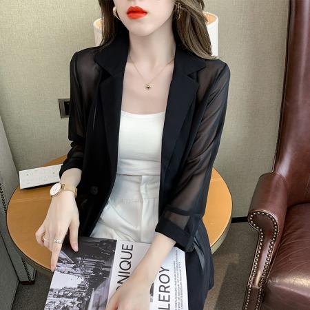 PF3878#夏季新品雪纺纯色防嗮服韩版气质小众双排扣舒适开衫