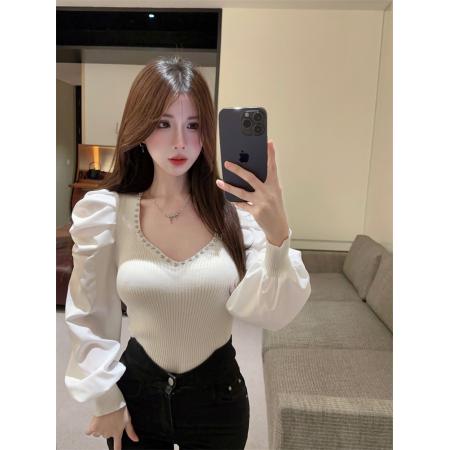 PF3883#小众辣妹性感V领重工烫钻雪纺褶皱泡泡袖拼接针织上衣
