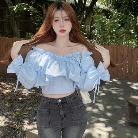 PF3885#法式性感一字肩荷叶边系带露肩超仙的气质喇叭袖上衣