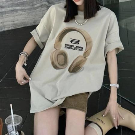 PF3893#街头潮牌个性耳机印花正肩T恤女夏季无性别穿搭做旧简约时髦短袖