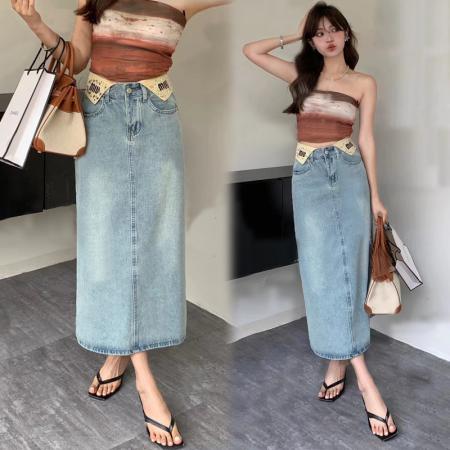 PF3897#重工艺轻奢烫钻2024年春夏新款字母绣花腰封设计中长款牛仔半身裙