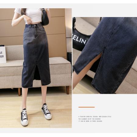 PF3940#渐变色开叉牛仔半身裙女2024年夏季高腰显瘦中长款一步包臀裙