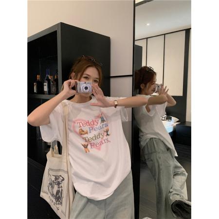 PF3942#夏季休闲爱心小熊印花宽松百搭短袖T恤