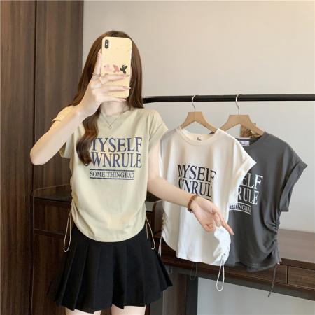 PF3943#夏装新款韩版宽松圆领两侧抽绳设计字母印花休闲百搭短袖T恤