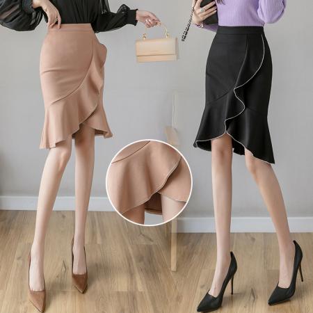 BY40#荷叶边开衩包臀半身裙女春装新款黑色针织中长款