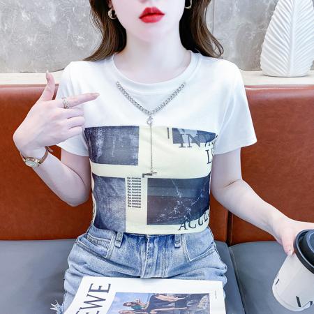 PF3961#气质别致美式复古印花甜酷修身网衫拼接t恤女2024夏新款上衣