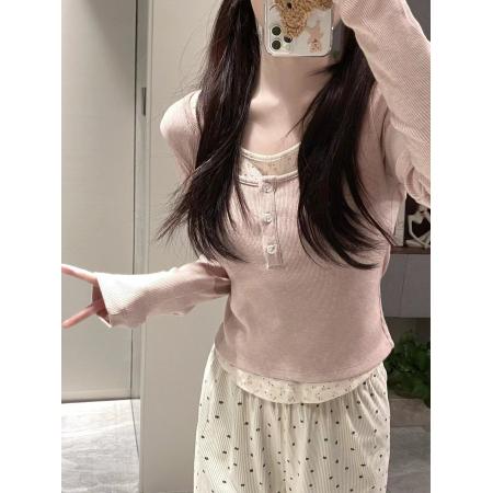 PF3970#粉色纯欲bm风假两件碎花打底衫女春季内搭独特别致小个子短款