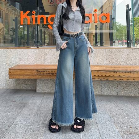 PF3972#新款高腰毛边阔腿牛仔裤女宽松百搭休闲小个子九分香蕉奶奶裤