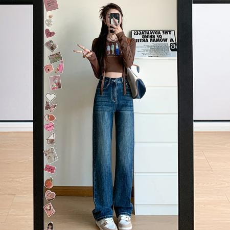 PF3973#高腰显瘦水洗复古蓝直筒牛仔裤女修身百搭弹力烟管裤子