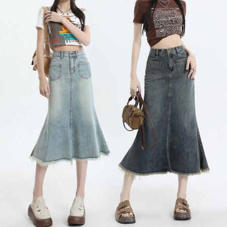 PF3974#新款高腰显瘦牛仔半身裙女中长款遮胯包臀裙气质百搭鱼尾裙