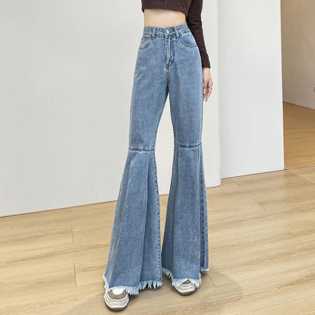 PF3975#四季款折叠式设计微喇叭牛仔裤女高腰显瘦辣妹毛边马蹄裤子