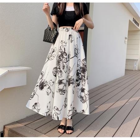 PF3976#百搭优雅水墨印花大摆a字裙素雅长款半身女裙子