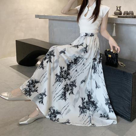 PF3977#新款优雅气质水墨印花大摆Ａ字裙女半身长裙字优质版