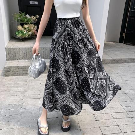 PF3980#百搭时尚度假旅游特色拼接半身裙中长款a字裙复古