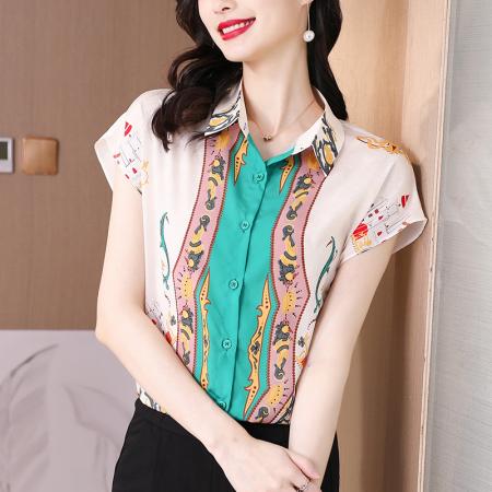 PF3985#夏季新款时尚印花重磅真丝衬衫女休闲宽松大码短袖上衣