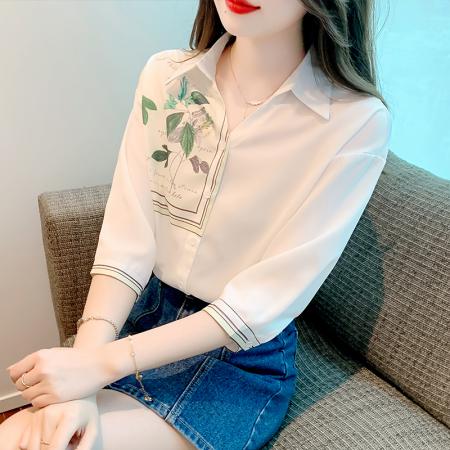 PF3988#夏装新款花朵时尚定位印花白衬衫女设计感翻领七分袖衬衣