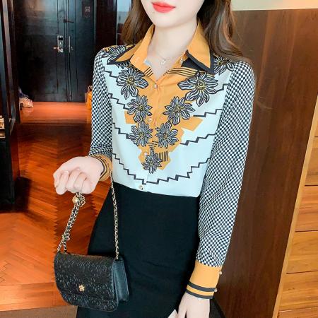 PF3991#欧洲站2024 新款拼色定位印花长袖衬衫女时尚高端显瘦真丝衬衣