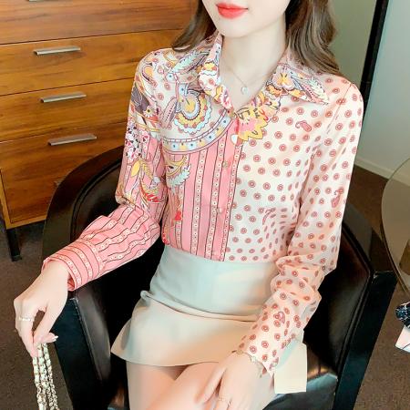 PF3992#新款印花桑蚕丝翻领长袖真丝衬衫欧货高档洋气小衫