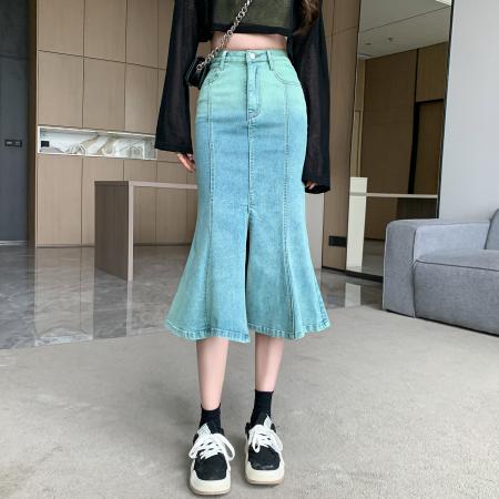 PF3995#春夏新款弹力牛仔半身裙女小个子渐变色鱼尾裙包臀中长裙