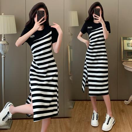 PF4000#夏季新款时尚宽松遮肉显瘦收腰条纹连衣裙