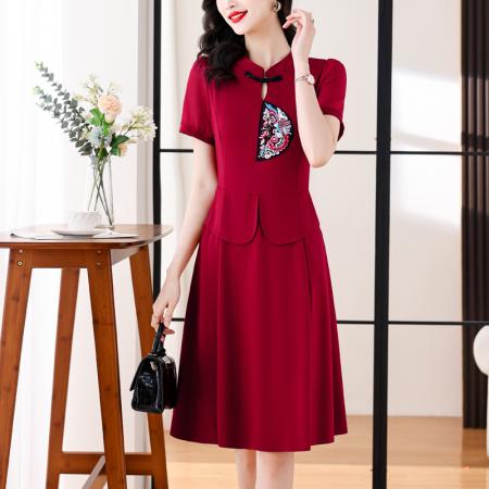 PF4011#新中式复古国风刺绣连衣裙2024夏季高贵气质喜婆婆婚宴装红色裙子