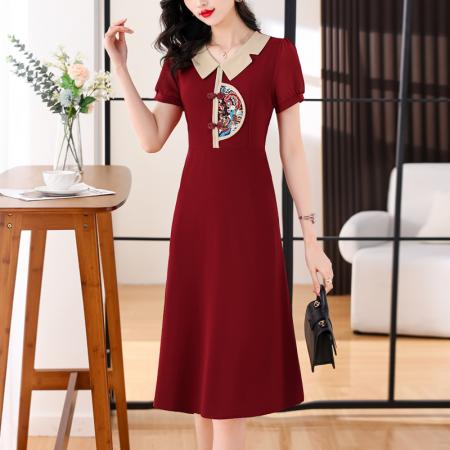 PF4012#新中式国风复古刺绣连衣裙2024新款夏季喜婆婆婚宴装短袖红色裙子