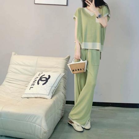 PF4042#针织新款小香风套装女夏季时尚成套搭配活泼长裤两件套