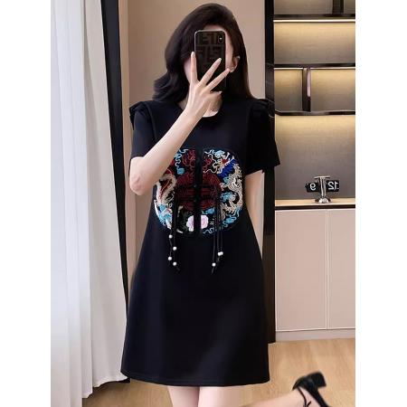 PF4054#新中式国风刺绣连衣裙女夏2024新款设计感衬衫领洋气显瘦黑色裙子