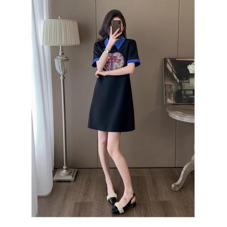PF4058#新中式国风刺绣连衣裙女夏2024新款设计感衬衫领洋气显瘦黑色裙子