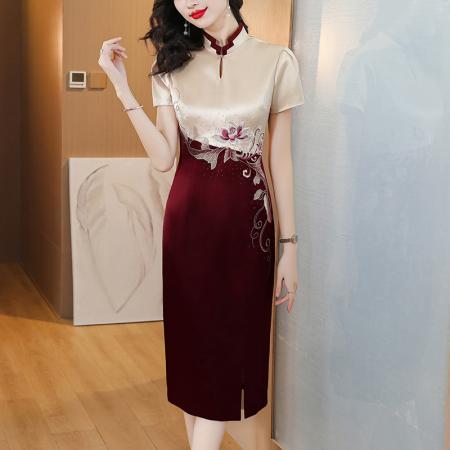 PF4060#喜婆婆婚宴装醋酸旗袍裙婚礼妈妈礼服高贵气质长款连衣裙