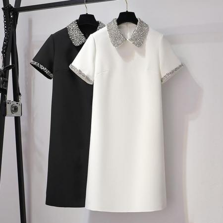 PF4062#白色娃娃领连衣裙夏季2021年新款女装时尚搭配宽松重工钉珠小香风