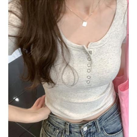 PF4070#美式复古U领灰色正肩T恤女夏紧身辣妹短袖体恤显瘦露脐锁骨短上衣