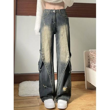 PF4071#美式高街复古工装牛仔裤女春夏新款设计感拼接高腰直筒阔腿裤子潮