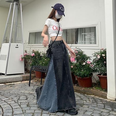 PF4078#高腰牛仔半身裙女 新款复古撞色拼接设计感a字中长款裙子