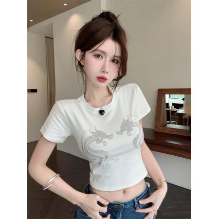 PF4081#小众辣妹重工小个子烫钻工艺设计感气质修身短款T恤