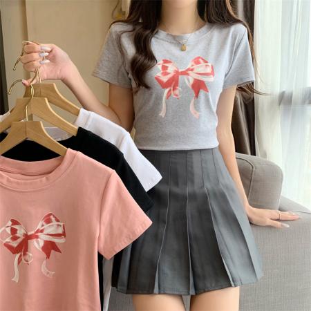 PF4084#新款蝴蝶结印花圆领休闲T恤短袖打底衫