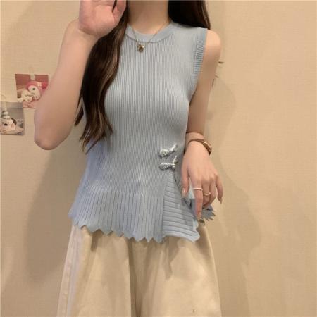PF4085#夏季新款设计感甜辣风圆领侧边盘扣不规则下摆背心女