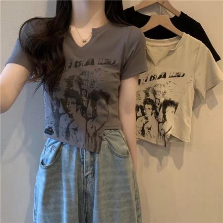 PF4090#纯棉罗纹 新款不规则短袖t恤女